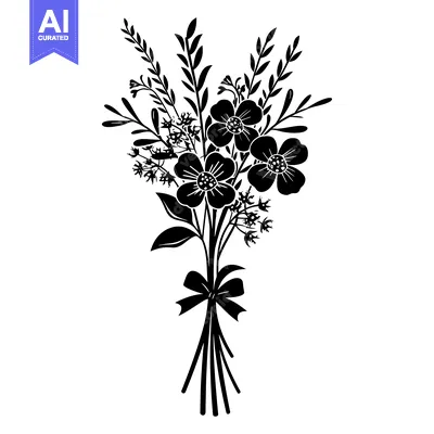 Aset premium populer: Black and White Silhouette of a Flower Bouquet with a Bow