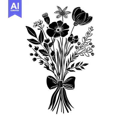 Aset desain premium: Black and White Floral Bouquet with a Bow