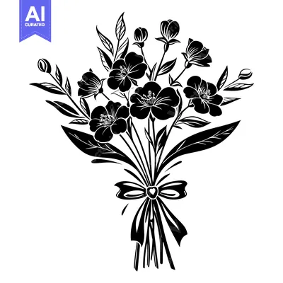 Aset desain premium: Black and White Silhouette of a Flower Bouquet with a Bow
