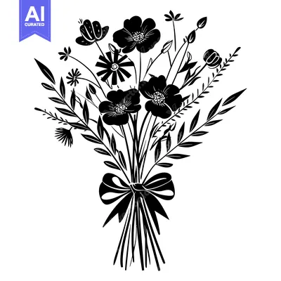 Aset premium populer: Black and White Silhouette of a Flower Bouquet with a Bow