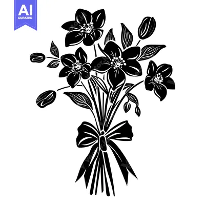 Aset premium populer: Black and White Silhouette of a Bouquet of Flowers Tied with a Bow
