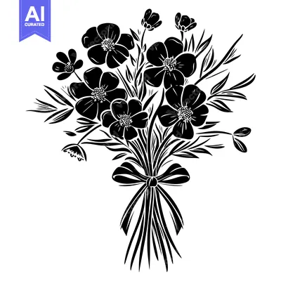 Aset premium populer: A Bouquet of Black Silhouetted Flowers Tied with a Bow