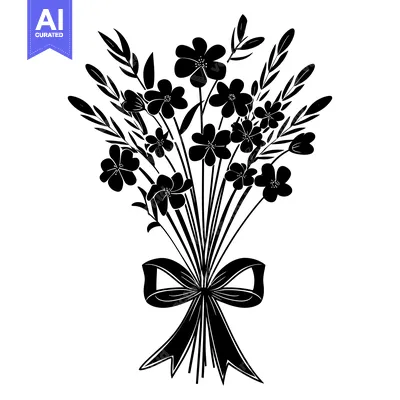 Aset desain premium: A Black Silhouette of a Bouquet of Flowers with a Bow
