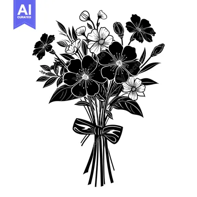 Premium design asset: Black and White Floral Bouquet with a Ribbon