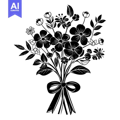 Premium design asset: Black and White Silhouette of a Flower Bouquet with a Bow