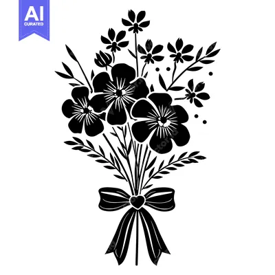 Aset premium populer: Black and White Silhouette of a Flower Bouquet with a Bow