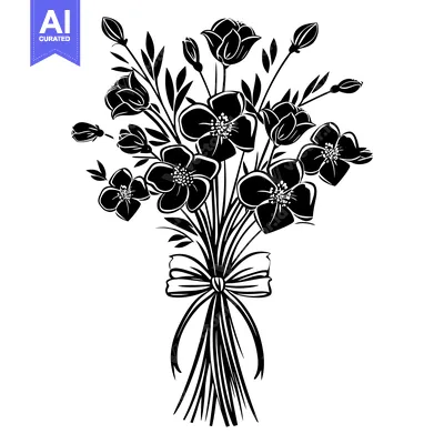 Aset premium populer: Black and White Silhouette of a Bouquet of Flowers with a Bow
