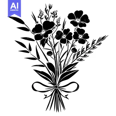 Aset premium populer: Black and white silhouette of a tied bouquet of flowers and leaves