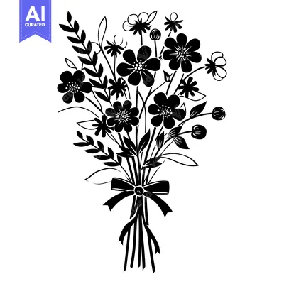 Aset premium populer: A Black and White Silhouette of a Bouquet of Flowers Tied with a Bow