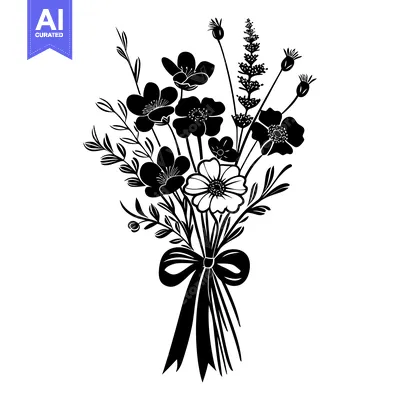 Aset desain premium: Black and White Silhouette of a Flower Bouquet with a Bow