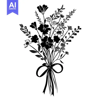 Popular premium asset: Black and White Silhouette of a Bouquet of Flowers with a Ribbon