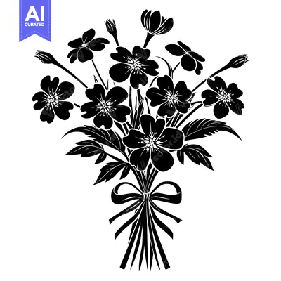 Aset desain premium: Black and White Silhouette of a Bouquet of Flowers with a Bow