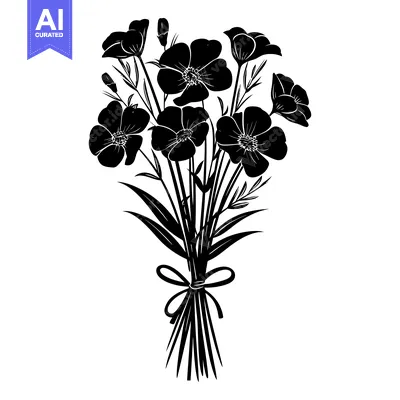 Aset premium populer: Black and White Silhouette of a Bouquet of Flowers with a Bow