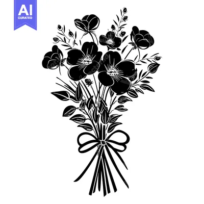 Aset desain premium: Black and White Silhouette of a Bouquet of Flowers with a Bow