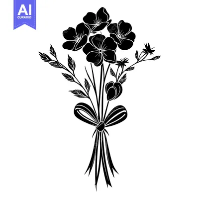 Aset premium populer: Black Silhouette of Flower Bouquet with a Ribbon
