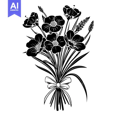 Aset desain premium: Black and white silhouette of a flower bouquet with a bow