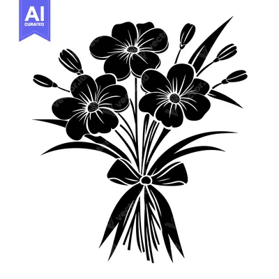 Aset desain premium: Black and White Silhouette of Flower Bouquet with Bow