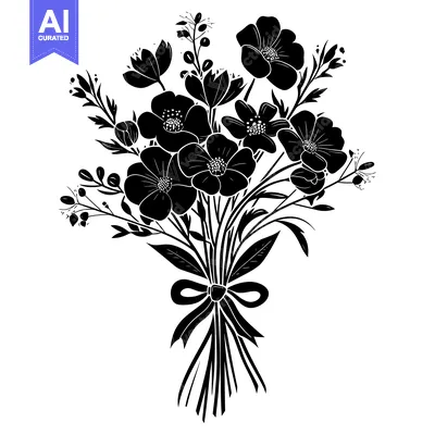 Aset desain premium: Black and White Silhouetted Bouquet of Flowers Tied with a Bow