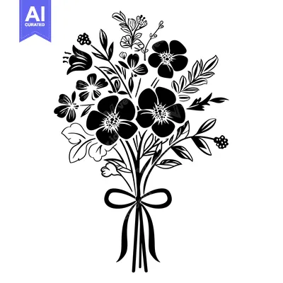 Aset premium populer: Black and White Illustration of a Bouquet of Flowers with a Bow