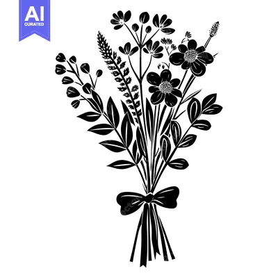 Aset premium populer: Black and White Silhouette of a Bouquet of Flowers Tied with a Bow