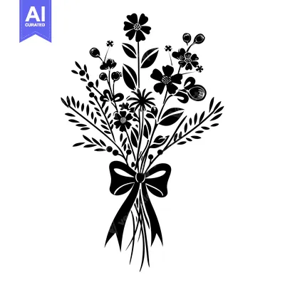 Aset desain premium: Black and white silhouette of a bouquet of flowers with a bow