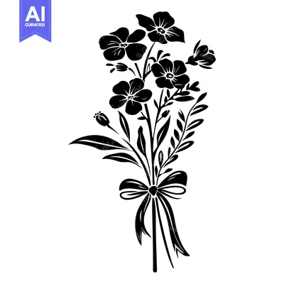 Premium design asset: Black and White Silhouette of a Flower Bouquet with a Bow