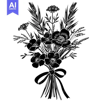 Premium design asset: Black and White Silhouette of a Bouquet with Flowers and Grass