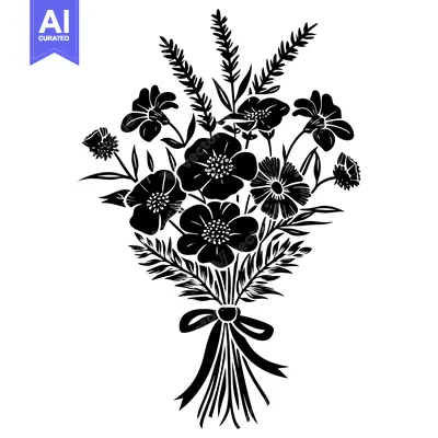 Aset desain premium: A Silhouette of a Bouquet of Flowers Tied with a Bow