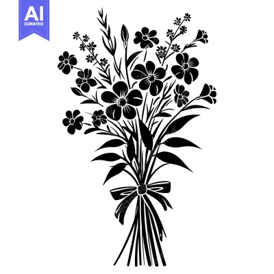 Premium design asset: Black and White Silhouette of a Bouquet of Flowers with a Bow