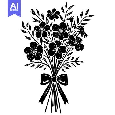 Aset desain premium: A Bouquet of Flowers Tied with a Bow in Silhouette