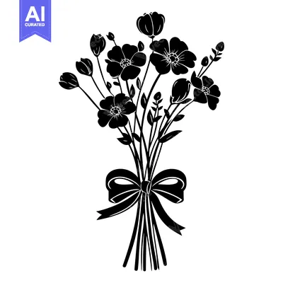 Premium design asset: Black Silhouette of a Bouquet of Flowers Tied with a Bow