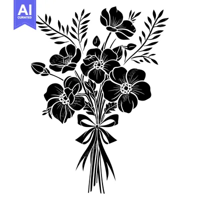 Premium design asset: Black and White Silhouetted Bouquet of Flowers with a Bow
