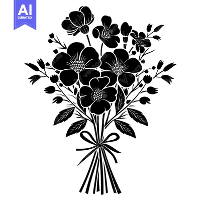 Aset premium populer: Black and white silhouette of a bouquet of flowers with a bow