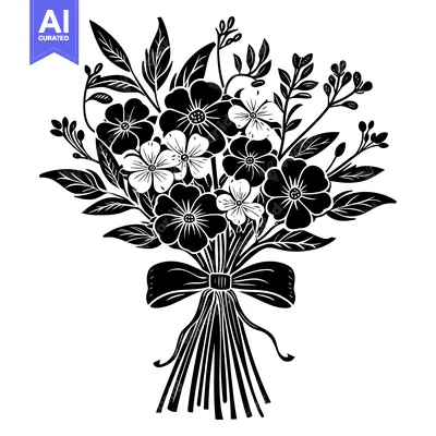 Premium design asset: Black and White Floral Bouquet with a Bow