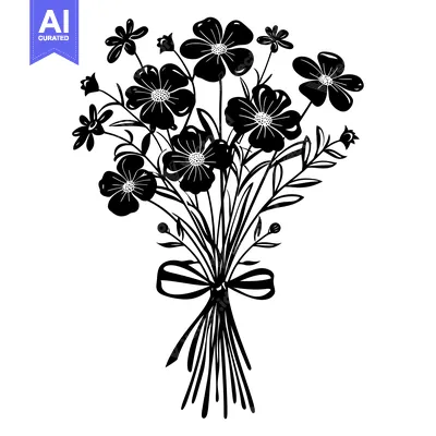 Aset desain premium: Black and White Silhouette of a Bouquet of Flowers with a Bow