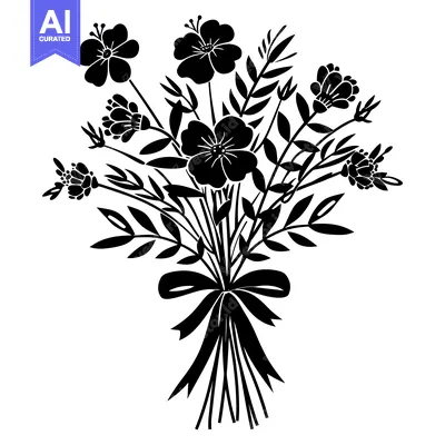 Premium design asset: Black and White Silhouette of a Bouquet of Flowers with a Bow