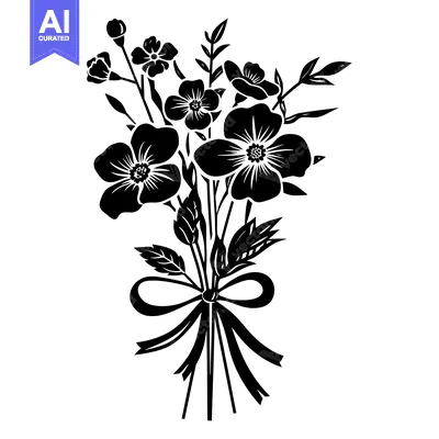 Premium design asset: Black and White Silhouette of a Flower Bouquet with a Ribbon