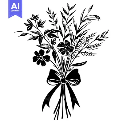 Aset desain premium: Black and White Silhouette of a Bouquet of Flowers with a Bow