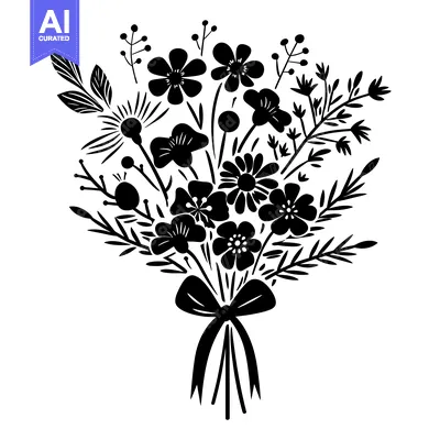 Aset premium populer: Black and White Silhouette of a Flower Bouquet with a Ribbon