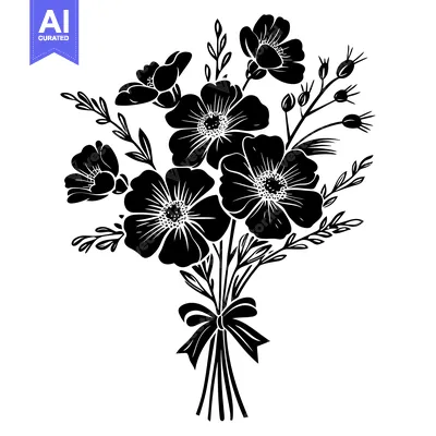 Aset premium populer: Black and white silhouette of a flower bouquet with a bow