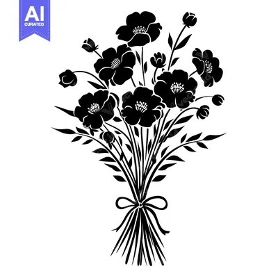 Popular premium asset: Black and white silhouette of a bouquet of flowers with a bow