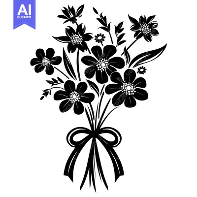 Aset desain premium: Black and White Silhouette of a Bouquet of Flowers with a Bow