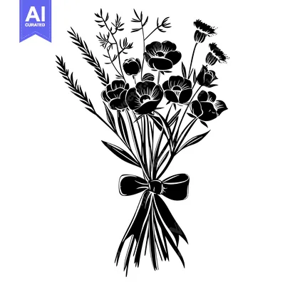 Aset premium populer: A Black and White Silhouette of a Flower Bouquet with a Bow