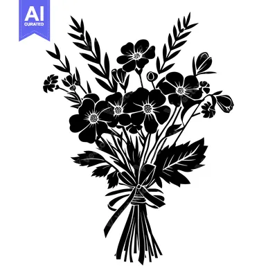 Premium design asset: Black and White Silhouette of a Bouquet of Flowers Tied with a Ribbon