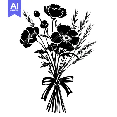 Aset desain premium: Black and White Silhouette of a Bouquet of Flowers with a Bow