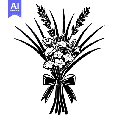Aset premium populer: Black and White Silhouette of a Flower Bouquet with a Bow