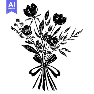 Aset desain premium: Black and White Silhouette of a Flower Bouquet with a Bow