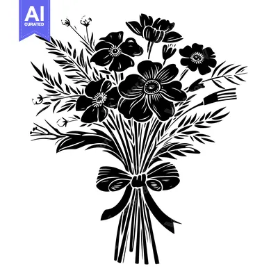 Aset desain premium: Black and White Silhouette of a Bouquet of Flowers Tied with a Bow