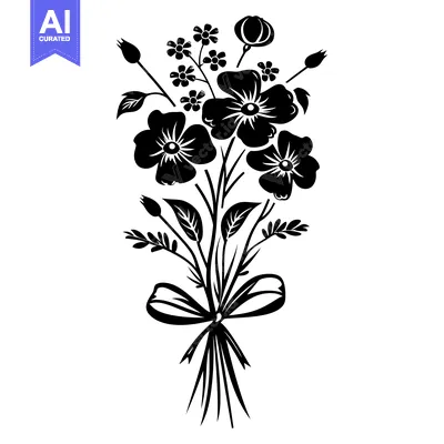 Aset premium populer: Black and White Silhouette of a Flower Bouquet with a Bow