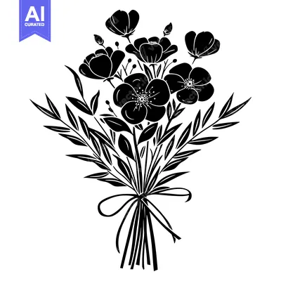 Aset desain premium: Black and White Silhouette of a Bouquet of Flowers